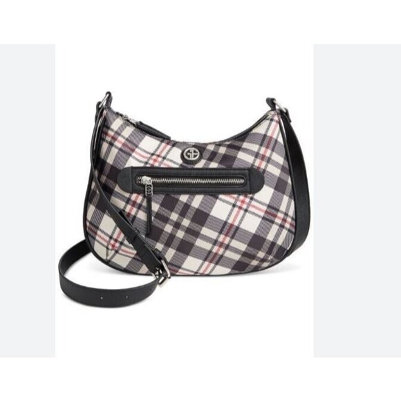 GIANI BERNINI nylon plaid medium hobo shoulder bag -Black /White/ Red -NEW - Picture 1 of 5